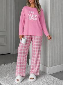 SHEIN Plus Size Pink Letter Print Long Sleeve Lounge Set With Plaid Pants Pajama Night Bridal - Pink - View 5