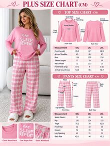 SHEIN Plus Size Pink Letter Print Long Sleeve Lounge Set With Plaid Pants Pajama Night Bridal - Pink - View 4