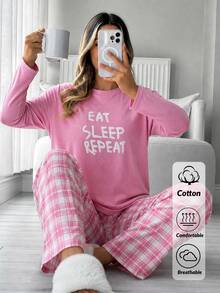 SHEIN Plus Size Pink Letter Print Long Sleeve Lounge Set With Plaid Pants Pajama Night Bridal - Pink - View 7