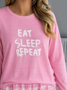SHEIN Plus Size Pink Letter Print Long Sleeve Lounge Set With Plaid Pants Pajama Night Bridal - Pink - View 6