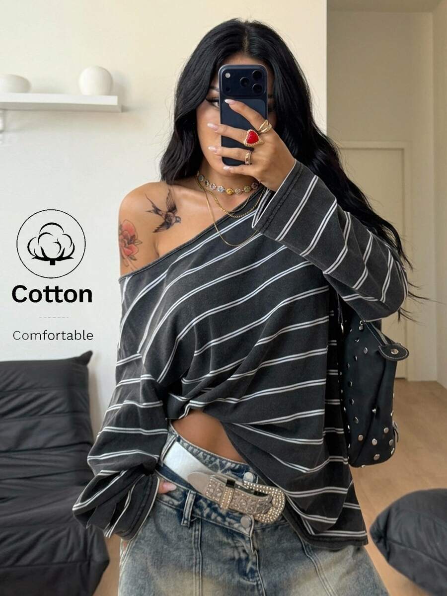 Coolane Women's Spring Goth Grunge Y2K Cupid Graphics Comfortable Asymmetrical Neck Off The Sho