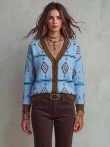 Trelyra Women's Knit Cardigan Sweater, Loose Fit, V-Neck With Button Front, Contrast Ribbed Trim On Placket And Cuffs, Geometric Diamond Pattern, Vintage Casual Preppy Style, Retro Blue - Multicolor - View 4