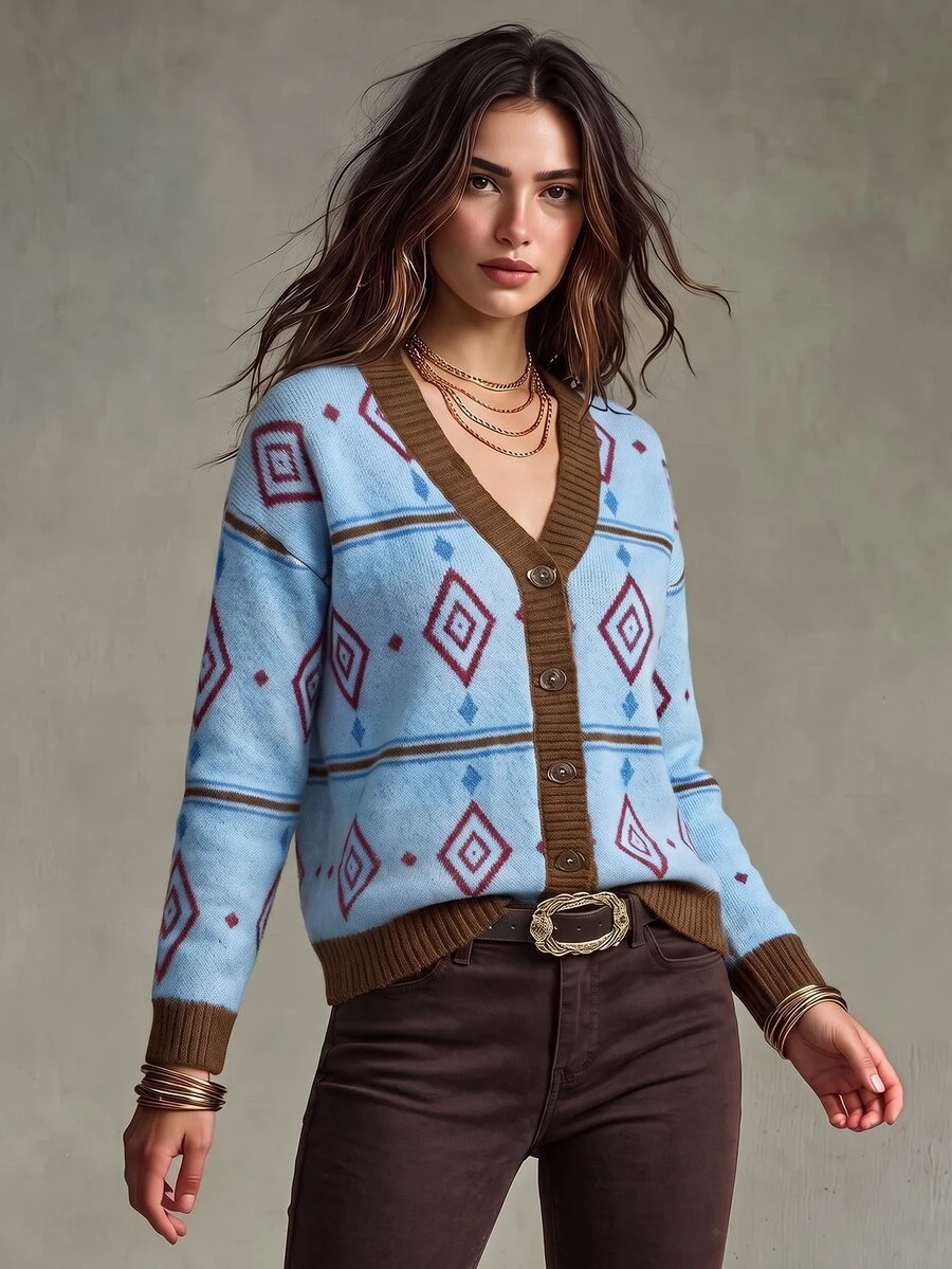 Trelyra Women's Knit Cardigan Sweater, Loose Fit, V-Neck With Button Front, Contrast Ribbed Trim On Placket And Cuffs, Geometric Diamond Pattern, Vintage Casual Preppy Style, Retro Blue - Multicolor - View 1