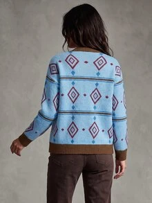 Trelyra Women's Knit Cardigan Sweater, Loose Fit, V-Neck With Button Front, Contrast Ribbed Trim On Placket And Cuffs, Geometric Diamond Pattern, Vintage Casual Preppy Style, Retro Blue - Multicolor - View 2