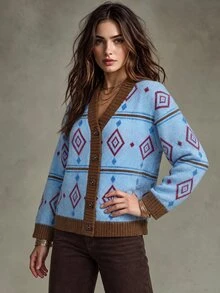 Trelyra Women's Knit Cardigan Sweater, Loose Fit, V-Neck With Button Front, Contrast Ribbed Trim On Placket And Cuffs, Geometric Diamond Pattern, Vintage Casual Preppy Style, Retro Blue - Multicolor - View 5