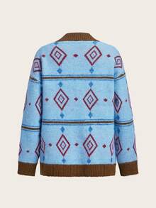 Trelyra Women's Knit Cardigan Sweater, Loose Fit, V-Neck With Button Front, Contrast Ribbed Trim On Placket And Cuffs, Geometric Diamond Pattern, Vintage Casual Preppy Style, Retro Blue - Multicolor - View 8
