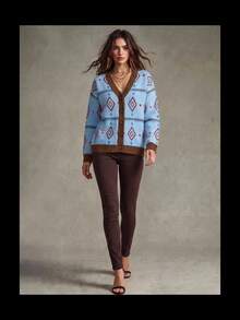 Trelyra Women's Knit Cardigan Sweater, Loose Fit, V-Neck With Button Front, Contrast Ribbed Trim On Placket And Cuffs, Geometric Diamond Pattern, Vintage Casual Preppy Style, Retro Blue - Multicolor - View 3