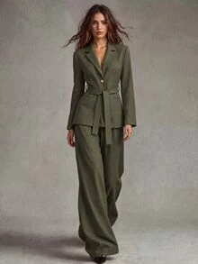 Trelyra Elegant Slouchy Belted Blazer & British Curved Leg Pants Women 2 Pieces Set - Army Green - View 3