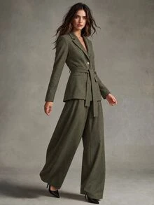 Trelyra Elegant Slouchy Belted Blazer & British Curved Leg Pants Women 2 Pieces Set - Army Green - View 4