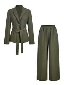 Trelyra Elegant Slouchy Belted Blazer & British Curved Leg Pants Women 2 Pieces Set - Army Green - View 7