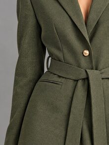 Trelyra Elegant Slouchy Belted Blazer & British Curved Leg Pants Women 2 Pieces Set - Army Green - View 6