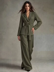 Trelyra Elegant Slouchy Belted Blazer & British Curved Leg Pants Women 2 Pieces Set - Army Green - View 5