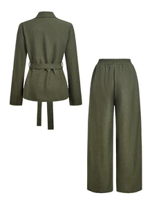 Trelyra Elegant Slouchy Belted Blazer & British Curved Leg Pants Women 2 Pieces Set - Army Green - View 8