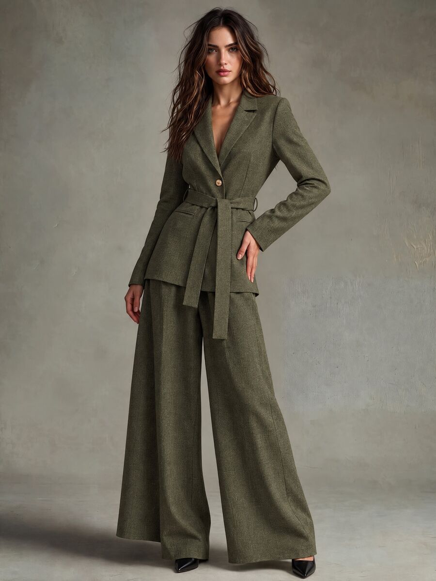 Trelyra Elegant Slouchy Belted Blazer & British Curved Leg Pants Women 2 Pieces Set - Army Green - View 1