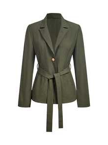 Trelyra Elegant Slouchy Belted Blazer & British Curved Leg Pants Women 2 Pieces Set - Army Green - View 9