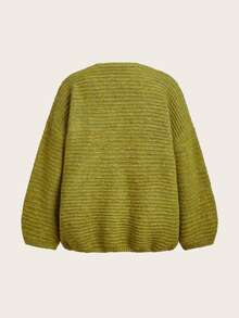 Trelyra Autumn/Winter Slouchy Mustard Yellow Textured Yarn V-Neck Loose Lantern Sleeve Soft Cozy Buttonless Cardigan - Green - View 8