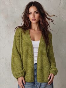 Trelyra Autumn/Winter Slouchy Mustard Yellow Textured Yarn V-Neck Loose Lantern Sleeve Soft Cozy Buttonless Cardigan - Green - View 3