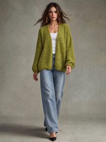 Trelyra Autumn/Winter Slouchy Mustard Yellow Textured Yarn V-Neck Loose Lantern Sleeve Soft Cozy Buttonless Cardigan - Green - View 5