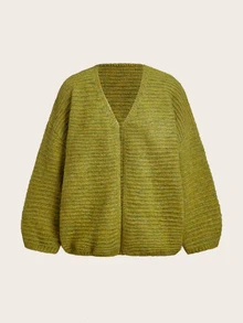 Trelyra Autumn/Winter Slouchy Mustard Yellow Textured Yarn V-Neck Loose Lantern Sleeve Soft Cozy Buttonless Cardigan - Green - View 7