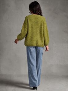 Trelyra Autumn/Winter Slouchy Mustard Yellow Textured Yarn V-Neck Loose Lantern Sleeve Soft Cozy Buttonless Cardigan - Green - View 2