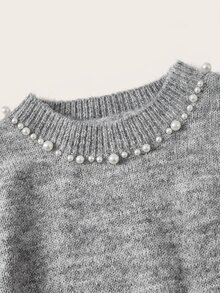 Trelyra French Slouchy Heavy Pearl Embellished Round Neck Beaded Lace Bow Split Hem Loose Slimming Pullover Sweater - Grey - View 9