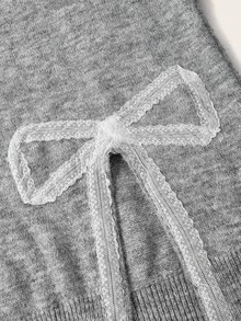 Trelyra French Slouchy Heavy Pearl Embellished Round Neck Beaded Lace Bow Split Hem Loose Slimming Pullover Sweater - Grey - View 10