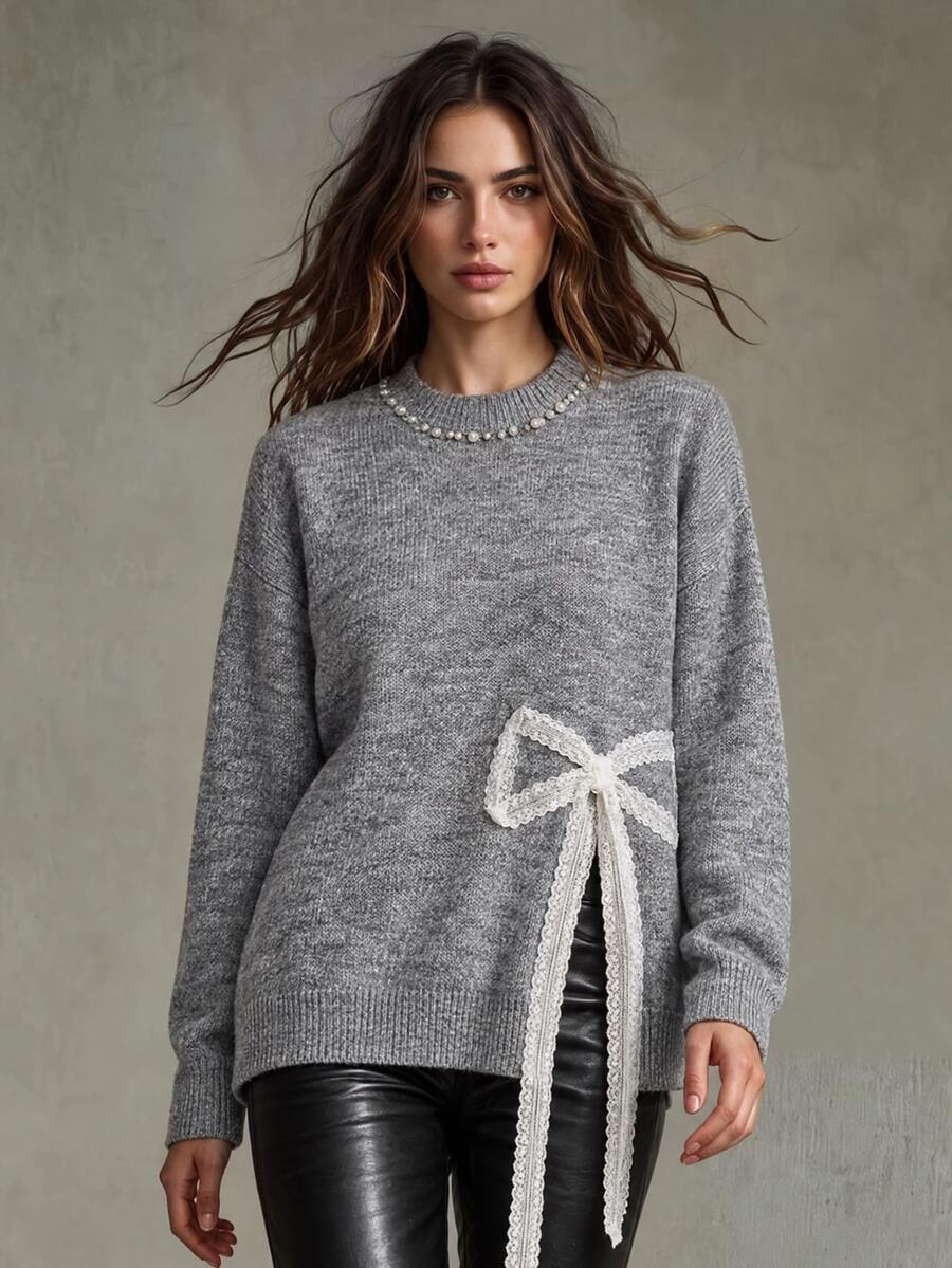 Trelyra French Slouchy Heavy Pearl Embellished Round Neck Beaded Lace Bow Split Hem Loose Slimming Pullover Sweater - Grey - View 1