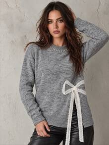 Trelyra French Slouchy Heavy Pearl Embellished Round Neck Beaded Lace Bow Split Hem Loose Slimming Pullover Sweater - Grey - View 4