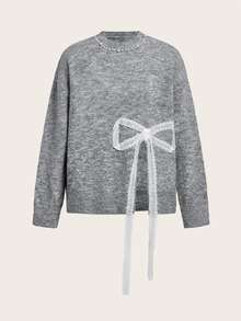 Trelyra French Slouchy Heavy Pearl Embellished Round Neck Beaded Lace Bow Split Hem Loose Slimming Pullover Sweater - Grey - View 7