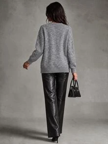 Trelyra French Slouchy Heavy Pearl Embellished Round Neck Beaded Lace Bow Split Hem Loose Slimming Pullover Sweater - Grey - View 2