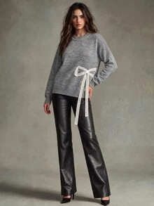 Trelyra French Slouchy Heavy Pearl Embellished Round Neck Beaded Lace Bow Split Hem Loose Slimming Pullover Sweater - Grey - View 5