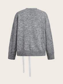 Trelyra French Slouchy Heavy Pearl Embellished Round Neck Beaded Lace Bow Split Hem Loose Slimming Pullover Sweater - Grey - View 8