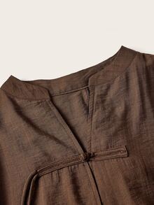 Trelyra New Chinese Style Chinese Element Loose Straight Hem V-Neck Chinese Tassel Frog Button Fashion Versatile Rope Knot Decor Draped Long Sleeve Blouse - Coffee Brown - View 9