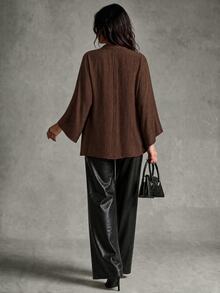 Trelyra New Chinese Style Chinese Element Loose Straight Hem V-Neck Chinese Tassel Frog Button Fashion Versatile Rope Knot Decor Draped Long Sleeve Blouse - Coffee Brown - View 2
