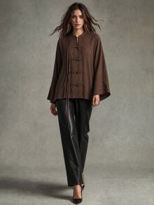 Trelyra New Chinese Style Chinese Element Loose Straight Hem V-Neck Chinese Tassel Frog Button Fashion Versatile Rope Knot Decor Draped Long Sleeve Blouse - Coffee Brown - View 6
