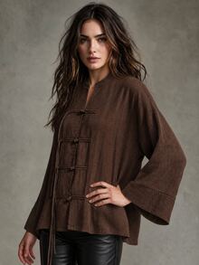 Trelyra New Chinese Style Chinese Element Loose Straight Hem V-Neck Chinese Tassel Frog Button Fashion Versatile Rope Knot Decor Draped Long Sleeve Blouse - Coffee Brown - View 5
