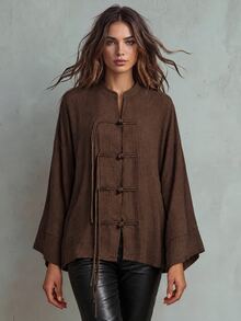 Trelyra New Chinese Style Chinese Element Loose Straight Hem V-Neck Chinese Tassel Frog Button Fashion Versatile Rope Knot Decor Draped Long Sleeve Blouse - Coffee Brown - View 1