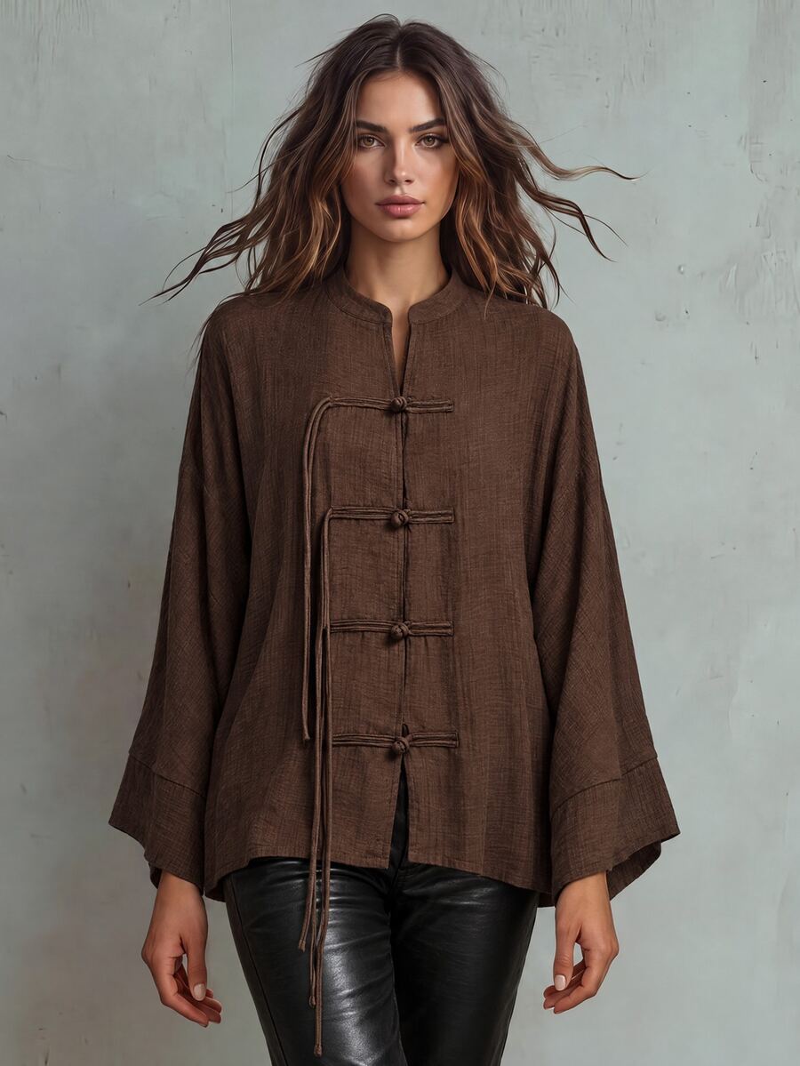 Trelyra New Chinese Style Chinese Element Loose Straight Hem V-Neck Chinese Tassel Frog Button Fashion Versatile Rope Knot Decor Draped Long Sleeve Blouse - Coffee Brown - View 1