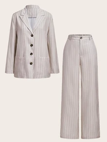 Trelyra Autumn Beige Striped Large Pocket Long Sleeve Women's Suit Set - Beige - View 7