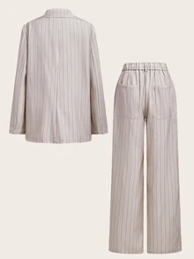 Trelyra Autumn Beige Striped Large Pocket Long Sleeve Women's Suit Set - Beige - View 8