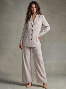 Trelyra Autumn Beige Striped Large Pocket Long Sleeve Women's Suit Set - Beige - View 1