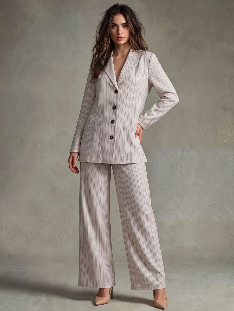 Trelyra Autumn Beige Striped Large Pocket Long Sleeve Women's Suit Set - Beige - View 1