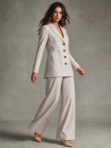 Trelyra Autumn Beige Striped Large Pocket Long Sleeve Women's Suit Set - Beige - View 5