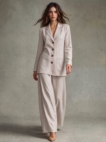 Trelyra Autumn Beige Striped Large Pocket Long Sleeve Women's Suit Set - Beige - View 3