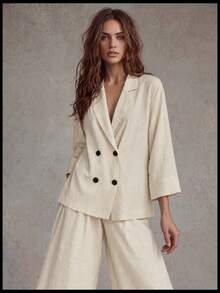 Trelyra Slouchy Loose Fit Versatile Crinkled Texture Double-Breasted Blazer With Elastic Waist Wide-Leg Pants 2 Pieces Set - Beige - View 4