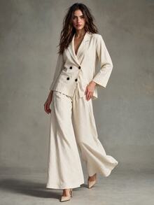 Trelyra Slouchy Loose Fit Versatile Crinkled Texture Double-Breasted Blazer With Elastic Waist Wide-Leg Pants 2 Pieces Set - Beige - View 5