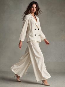 Trelyra Slouchy Loose Fit Versatile Crinkled Texture Double-Breasted Blazer With Elastic Waist Wide-Leg Pants 2 Pieces Set - Beige - View 6
