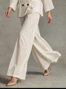 Trelyra Slouchy Loose Fit Versatile Crinkled Texture Double-Breasted Blazer With Elastic Waist Wide-Leg Pants 2 Pieces Set - Beige - View 3