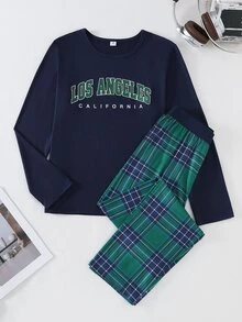 青少年男孩字母印花海軍藍上衣搭配綠色格紋長褲，柔軟親膚針織面料，寬鬆舒適圓領款式，春秋居家與休閒穿著 - 彩色 - 查看 5