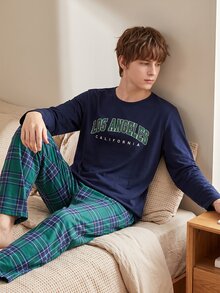 青少年男孩字母印花海軍藍上衣搭配綠色格紋長褲，柔軟親膚針織面料，寬鬆舒適圓領款式，春秋居家與休閒穿著 - 彩色 - 查看 7